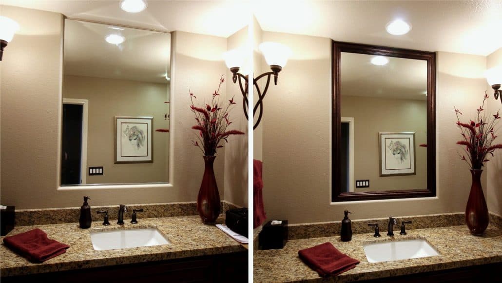 Before and after photo of a MirrorChic mirror frame kit using Del Mar in Bronze Brown.